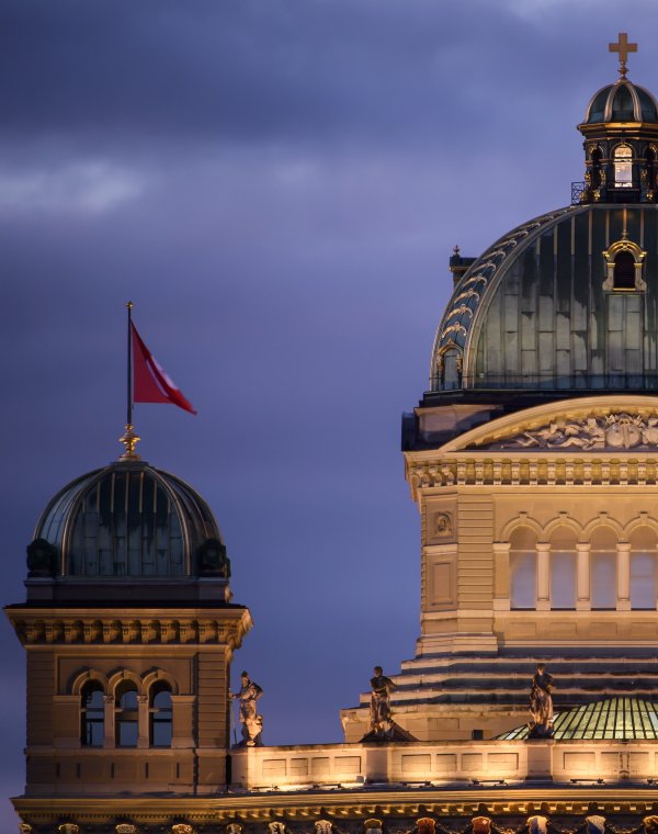 The Federal Palace pictured during a autumn sunset, Wednesday, October 9, 2019 in Bern, Switzerland. (KEYSTONE/Anthony Anex)