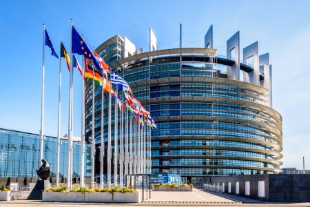 Strasbourg, France - September 13, 2019: Entrance of the Louise Weiss building, inaugurated in 1999, the official seat of the European Parliament which houses the hemicycle for plenary sessions.