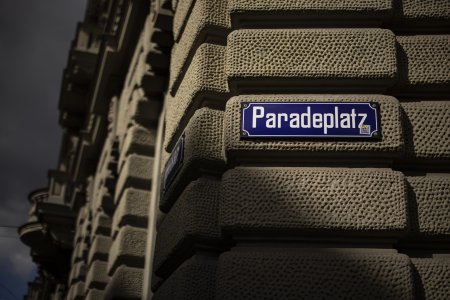 A sign reading 'Paradeplatz' is seen at the building of the Swiss bank Credit Suisse headquarters in Zurich, Switzerland on Monday, March 27, 2023. KEYSTONE/Michael Buholzer)