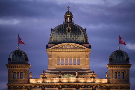 The Federal Palace pictured during a autumn sunset, Wednesday, October 9, 2019 in Bern, Switzerland. (KEYSTONE/Anthony Anex)