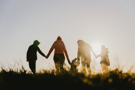 Parents with children walking hand in hand in meadow on sunny day
