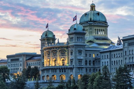 General view of the Swiss Parliament building, located in the city of Bern on the banks of the beautiful Aare River.