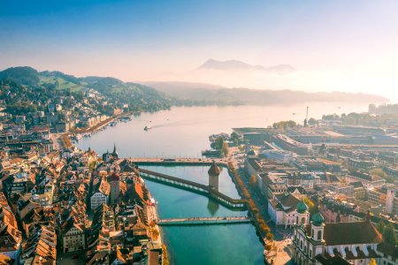 high angle view of Lucerne old town panoramic from drone point in the morning.
