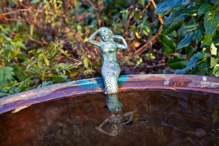 little mermaid sitting on the edge of a basin with reflection in the water