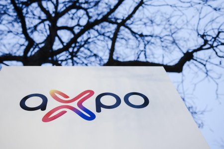Das Logo des Energiekonzerns Axpo am Hauptsitz, aufgenommen am Donnerstag, 10. Februar 2022 in Baden. (KEYSTONE/Michael Buholzer)