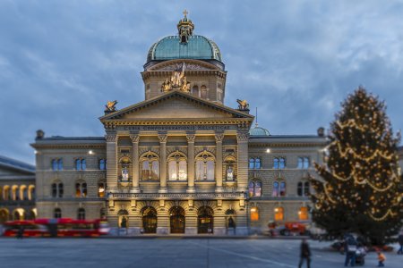 The Federal Palace, where the Swiss federal parliament is housed. It is located in Bern, the de facto capital of Switzerland.