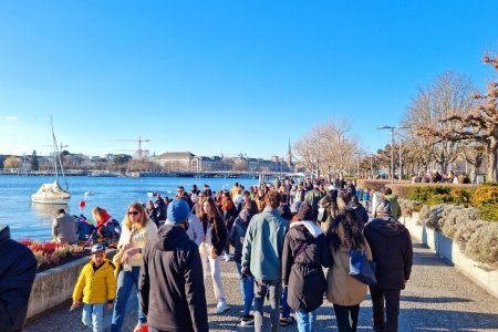 Many people are walking beside the lake of Zurich during a beauiful sunny day in spring season.