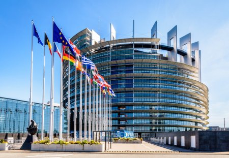 Strasbourg, France - September 13, 2019: Entrance of the Louise Weiss building, inaugurated in 1999, the official seat of the European Parliament which houses the hemicycle for plenary sessions.