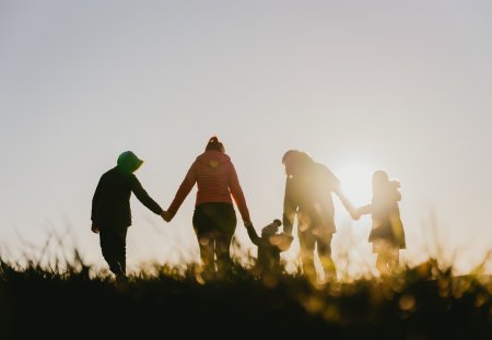 Parents with children walking hand in hand in meadow on sunny day