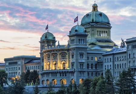 General view of the Swiss Parliament building, located in the city of Bern on the banks of the beautiful Aare River.