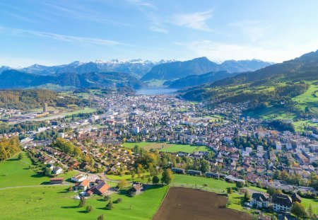 Kriens village, canton of Lucerne. Switzerland. Pilatus peak. Aerial view. City skyline and village landscape