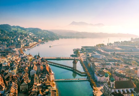 high angle view of Lucerne old town panoramic from drone point in the morning.