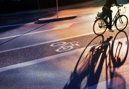 Bike lane in evening. Sign for bicycle painted on the asphalt. Car and traffic in background. Dividing line. Shadow from sunset sun.
