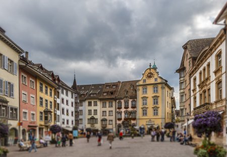 Fronwaldplatz, in the old town of Schaffhausen. The Swiss city, in the canton of the same name, is famous for its old town, which conserves many fine Renaissance buildings decorated with frescoes.