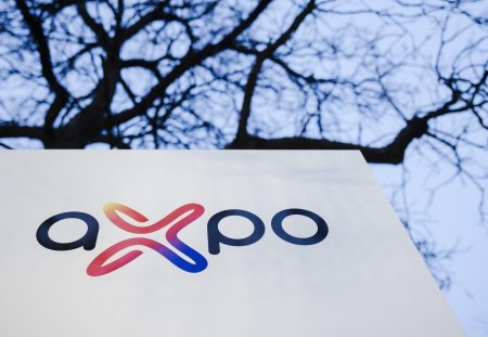 Das Logo des Energiekonzerns Axpo am Hauptsitz, aufgenommen am Donnerstag, 10. Februar 2022 in Baden. (KEYSTONE/Michael Buholzer)
