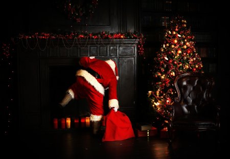 Christmas night, Santa Claus puts gifts under the tree
