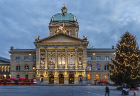 The Federal Palace, where the Swiss federal parliament is housed. It is located in Bern, the de facto capital of Switzerland.