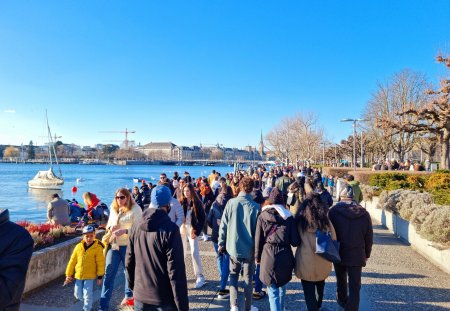 Many people are walking beside the lake of Zurich during a beauiful sunny day in spring season.
